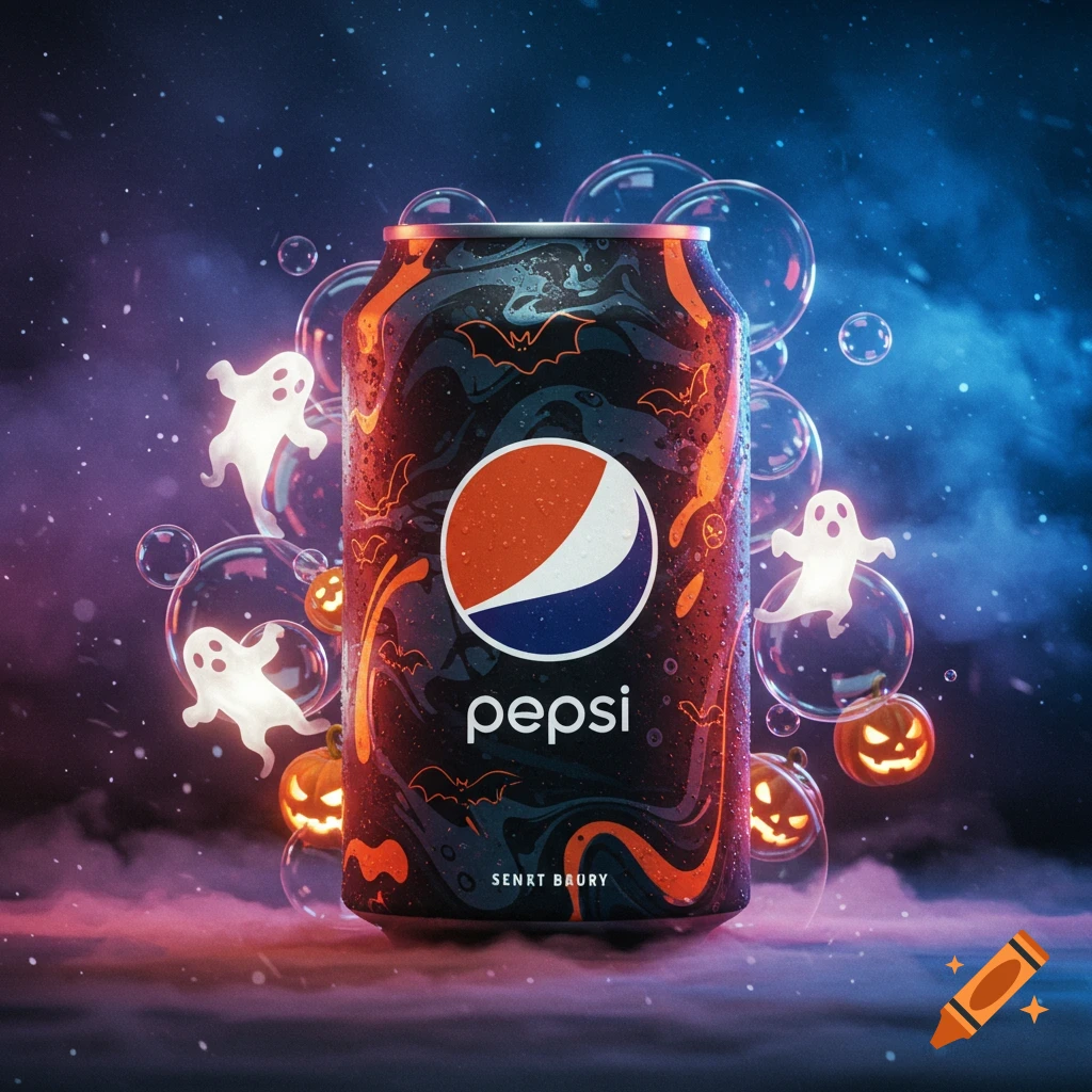 A Halloween-themed Pepsi can with glowing ghosts, jack-o'-lanterns, and bubbles amidst purple and blue smoke.