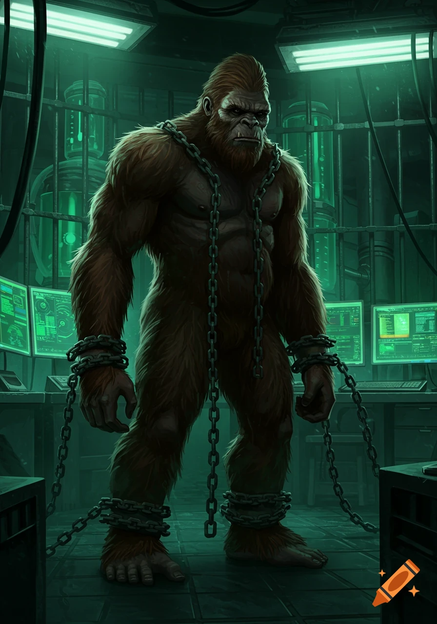 A chained Sasquatch stands in a dimly lit, high-tech laboratory with glowing green screens.