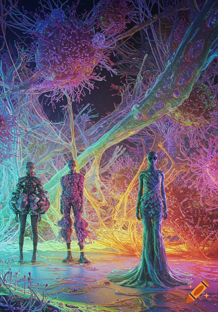 Three alien-like figures in elaborate, organic-inspired fashion stand amidst a vibrant, glowing, abstract cellular landscape.