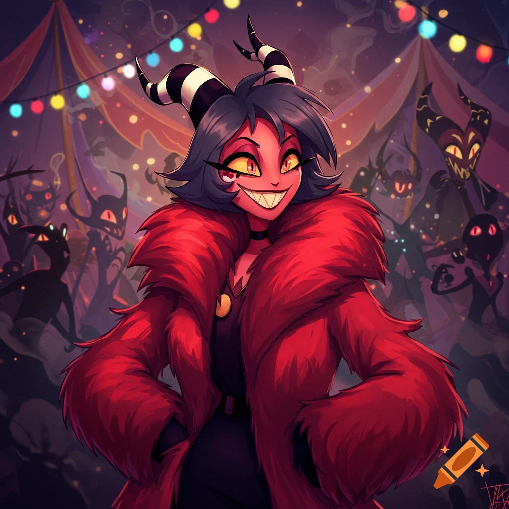 Millie from Helluva Boss in a red fur coat, smiling with sharp teeth, at a dark carnival with demon figures.