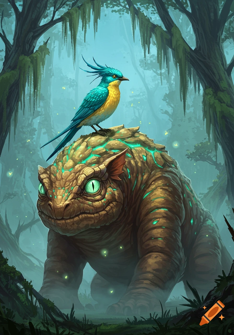 A vibrant bird with turquoise and yellow plumage perches on a large, scaly, brown creature with glowing green eyes in a misty fantasy forest.