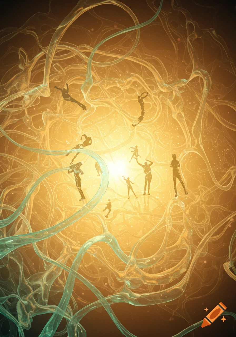 Abstract art with glowing translucent tendrils and dark human silhouettes in various poses on an orange background.