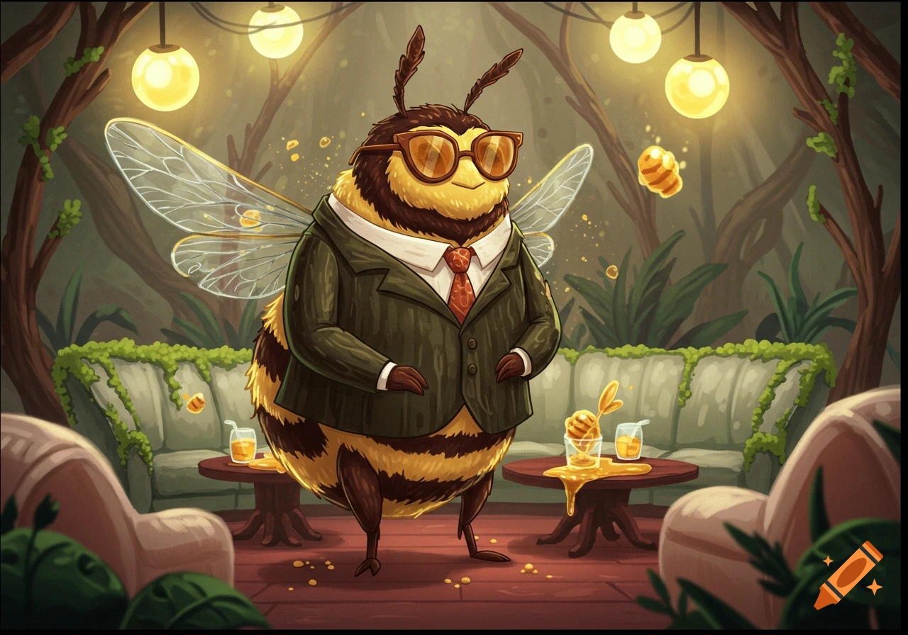 A stylized illustration of a suave anthropomorphic bumblebee in a suit and sunglasses standing in an upscale botanical lounge.