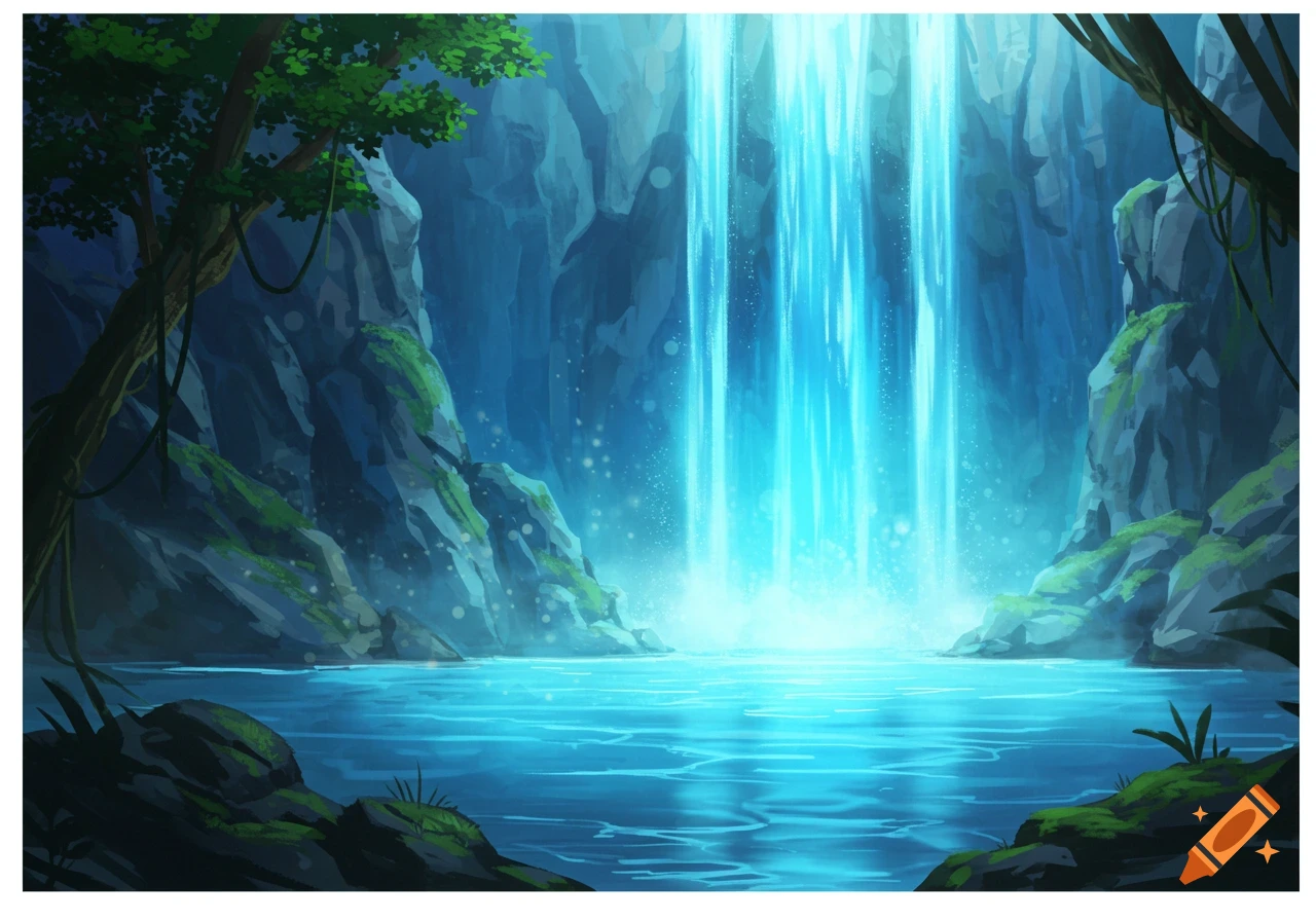 An illustrated fantasy landscape features a bright blue waterfall cascading into a clear pool, surrounded by mossy cliffs and trees.