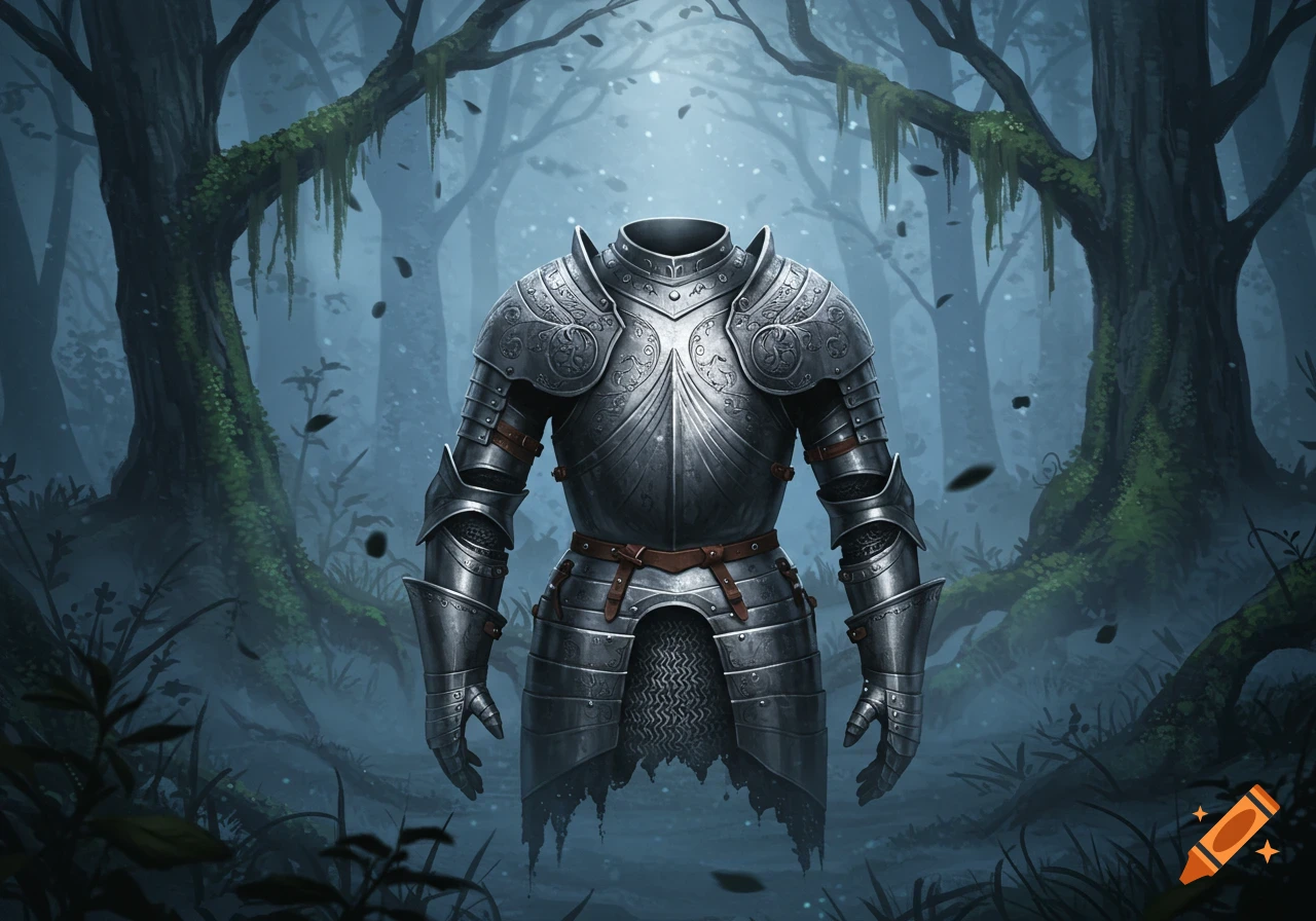 A detailed illustration of a headless, ornate suit of armor standing in a misty, dark, moss-covered forest.