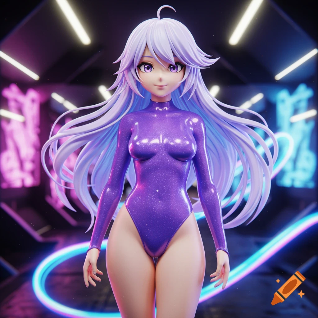A 3D anime girl with long lavender hair and purple eyes wears a glittery purple leotard in a neon-lit futuristic setting.