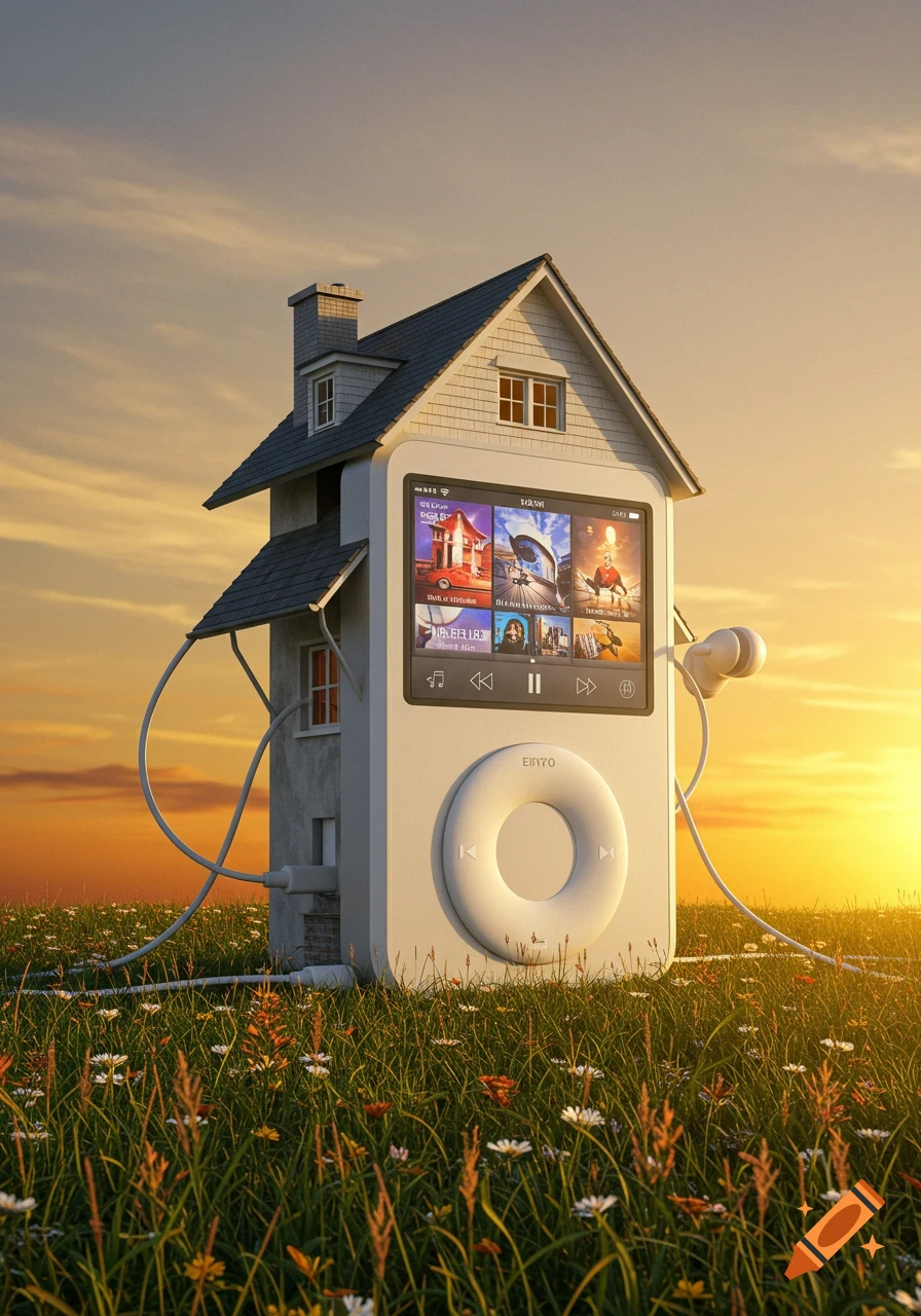 A house shaped like an iPod stands in a field of wildflowers at sunset, with headphones plugged into its side.