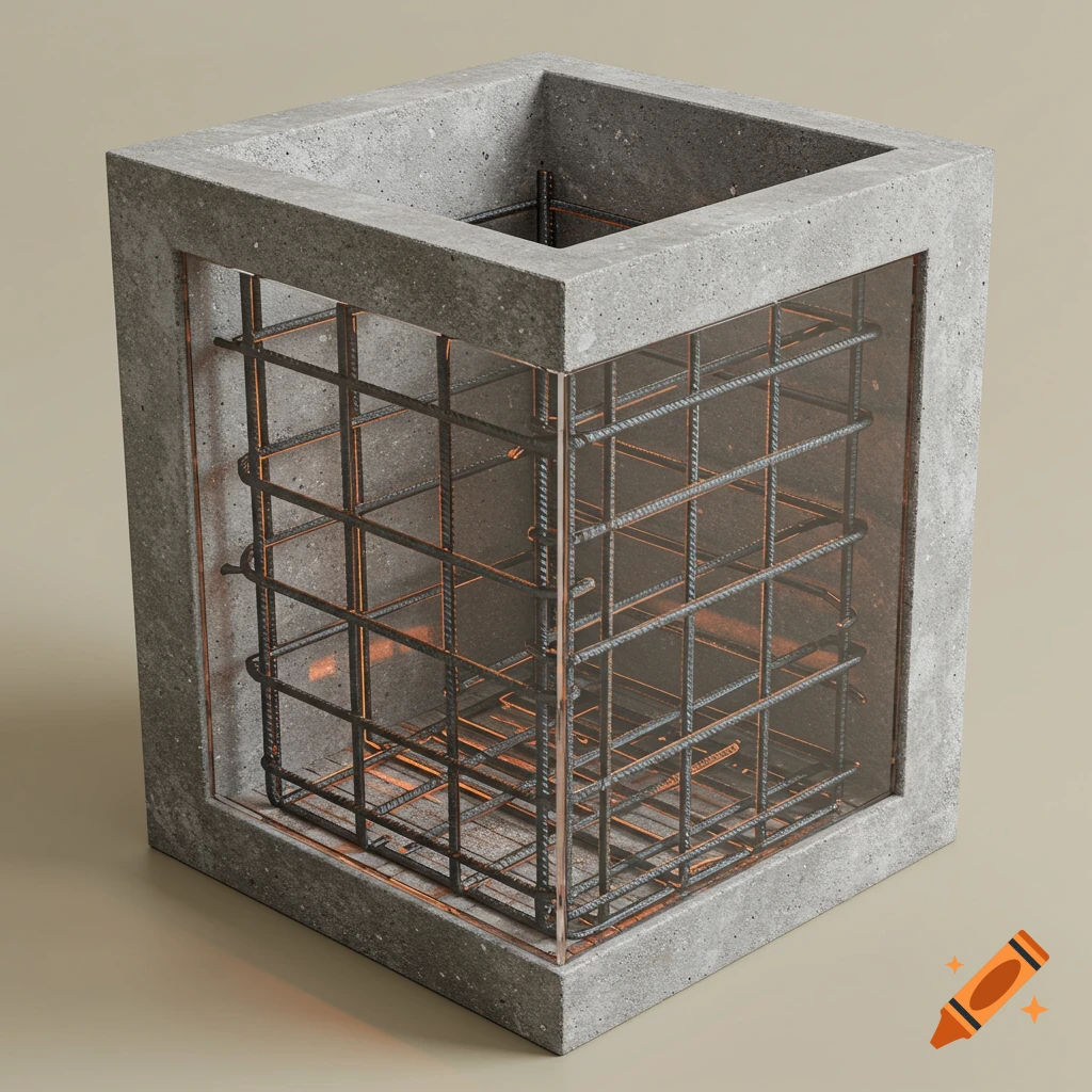 A transparent concrete planter showcasing steel reinforcement bars inside, on a neutral background in a realistic style.