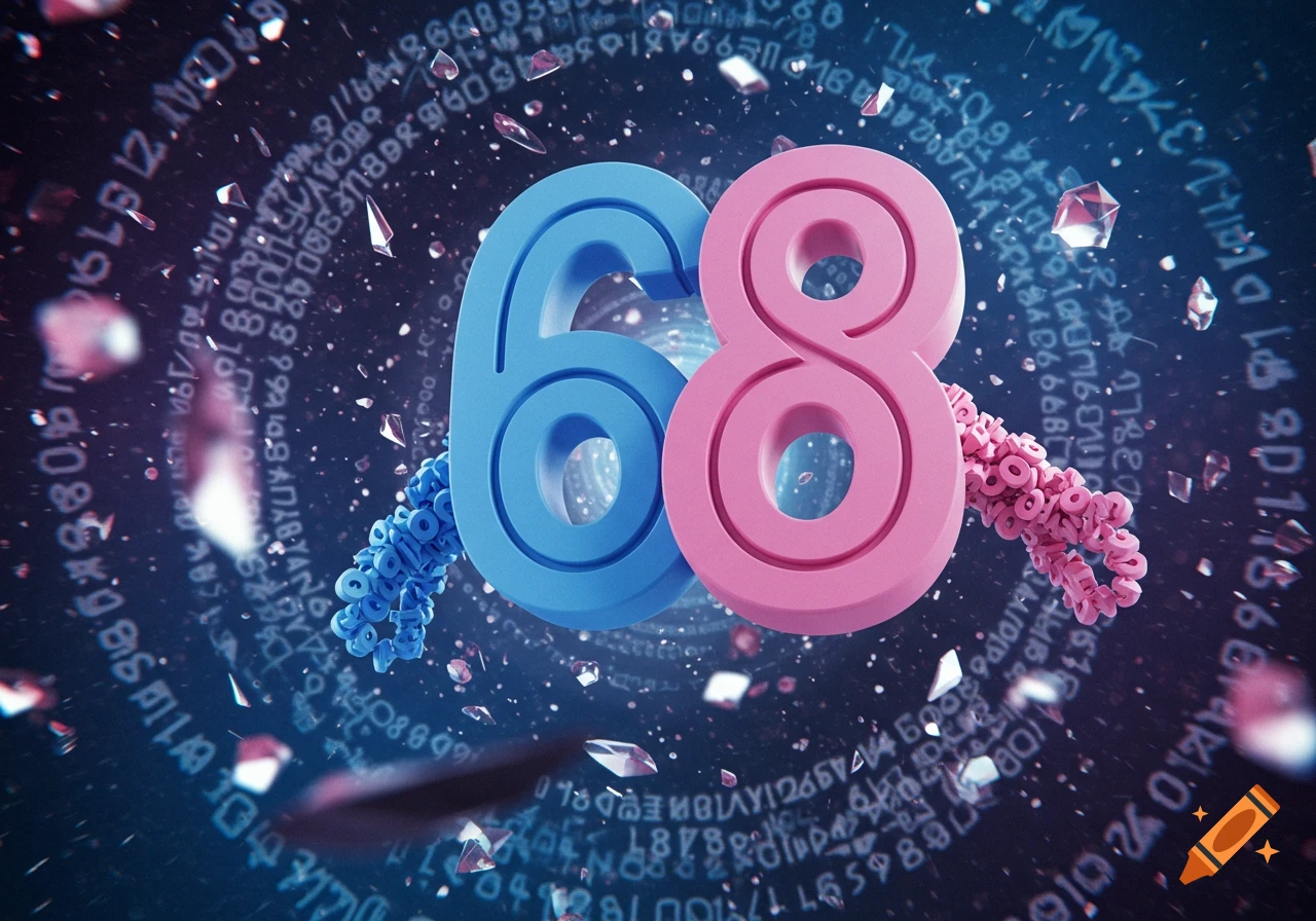 A vibrant blue number 6 and a pink number 8 float against a dark, cosmic background filled with glowing, abstract, illegible symbols and shimmering crystal shards.