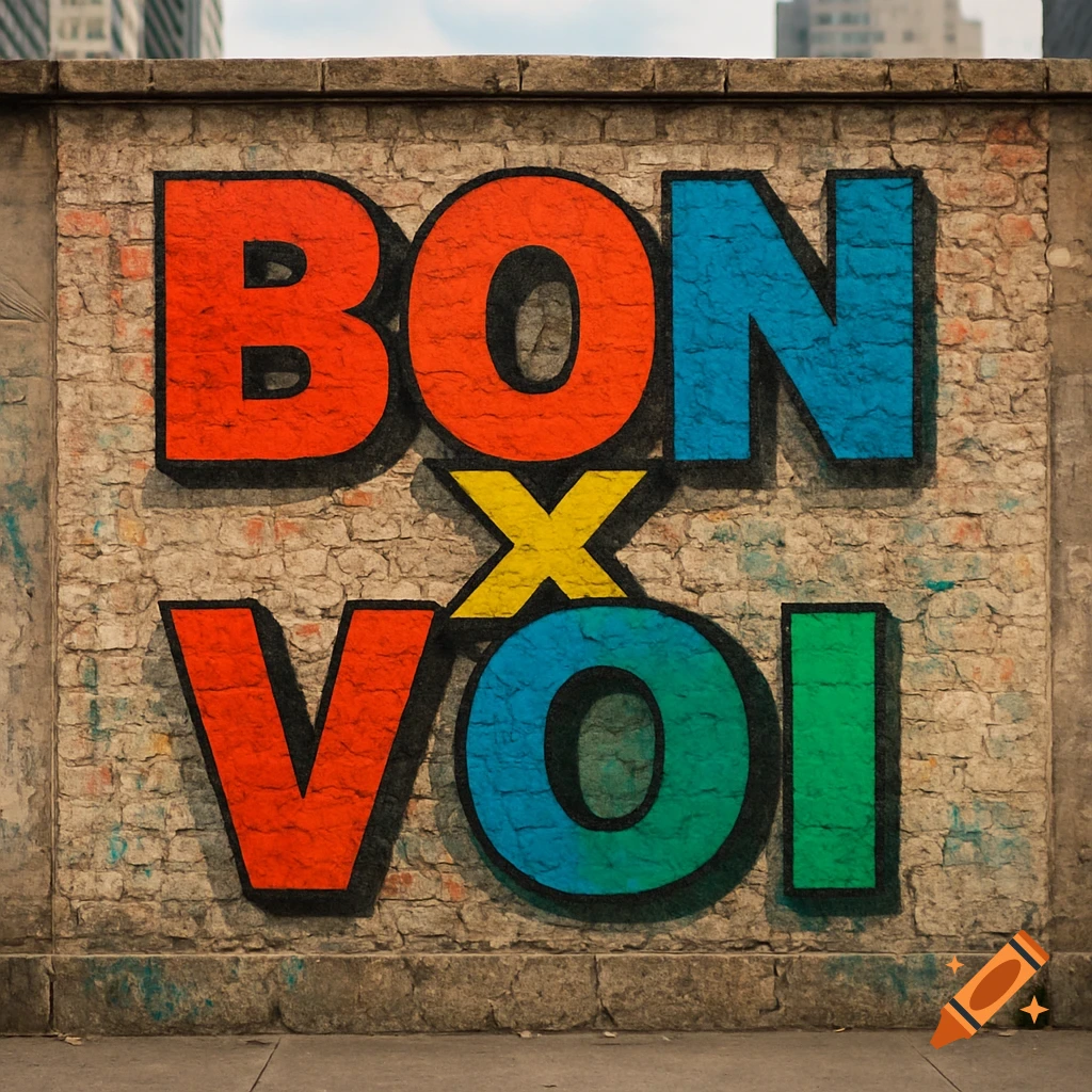 Photorealistic mural spelling 'BON X VOI' in large, colorful, bold letters on a textured brick wall in an urban setting.