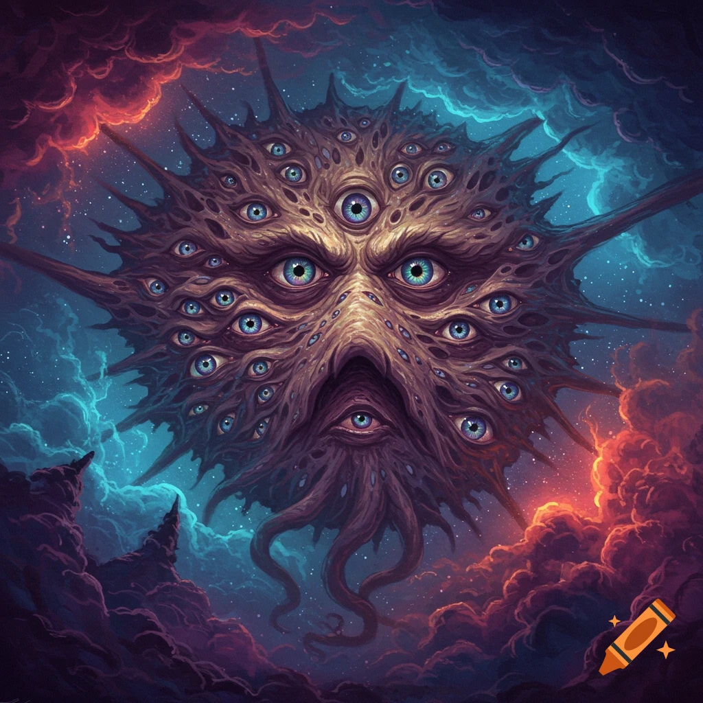 A monstrous cosmic entity with a face covered in many blue eyes and tentacles, surrounded by swirling red and blue nebulae in a starry void.