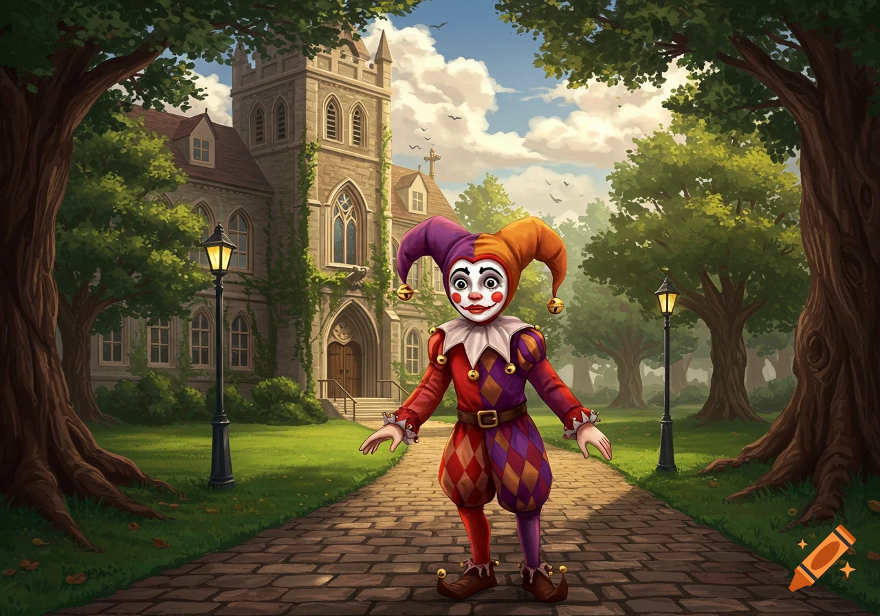 A colorful jester in a red and purple costume stands on a cobblestone path in front of an old stone university building, surrounded by green trees.