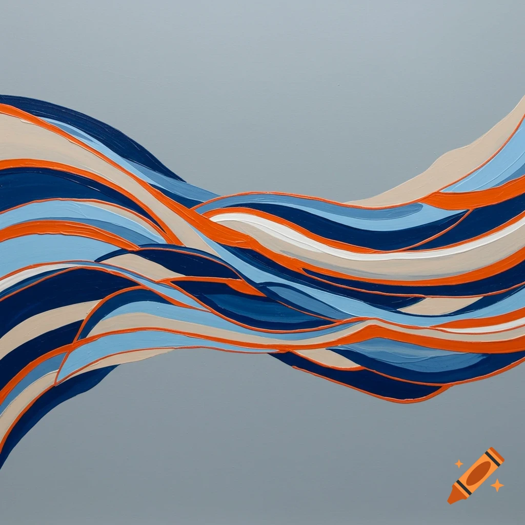 Abstract modern art featuring flowing, wavy lines in shades of blue, orange, white, and beige against a gray background.