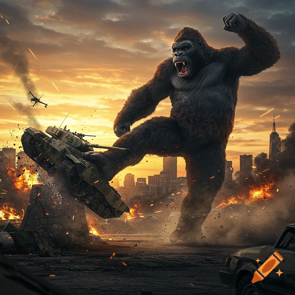 Photorealistic image of a giant King Kong roaring and kicking a tank amidst a destroyed city at sunset.