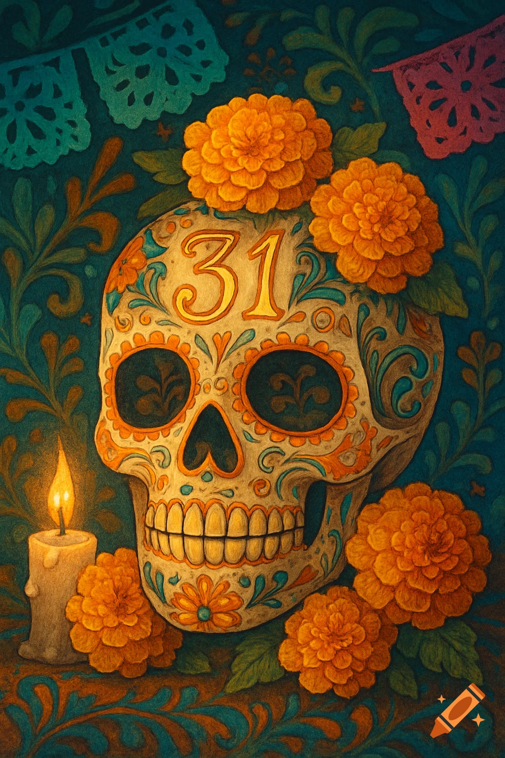 Decorative sugar skull with '31' on its forehead, surrounded by orange marigolds, green foliage, and papel picado, with a lit candle, in a vibrant painterly style.