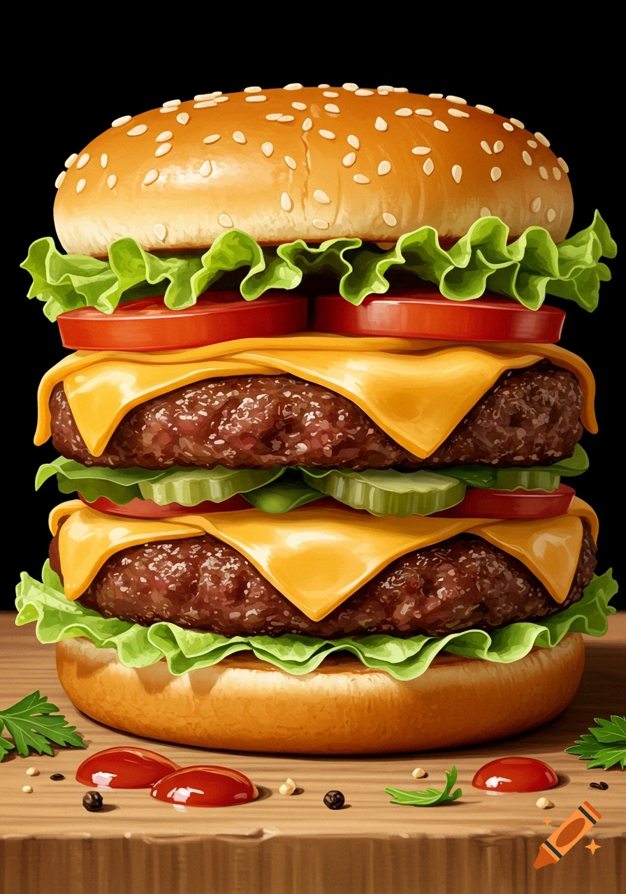 A vibrant, tall double cheeseburger with sesame bun, lettuce, tomato, pickles, and melted cheese on a wooden table.