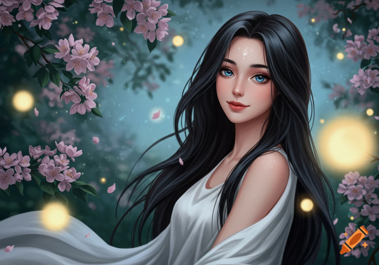 A fantasy-style woman with long black hair and blue eyes, wearing white, stands amidst pink cherry blossoms and glowing lights.