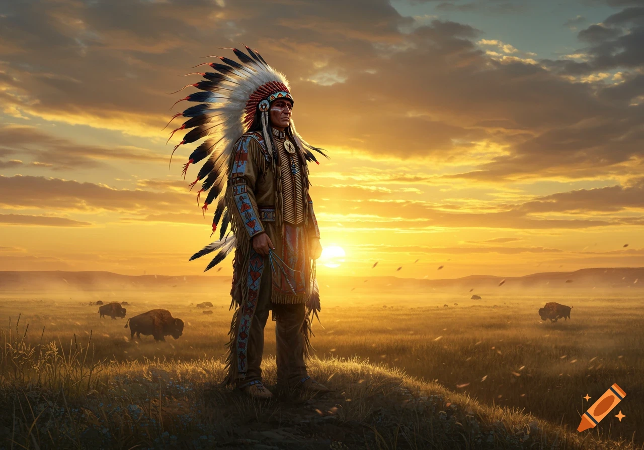 A Native American chief in traditional attire and feathered headdress stands on a grassy hill overlooking a prairie with buffalo during a vivid sunset.