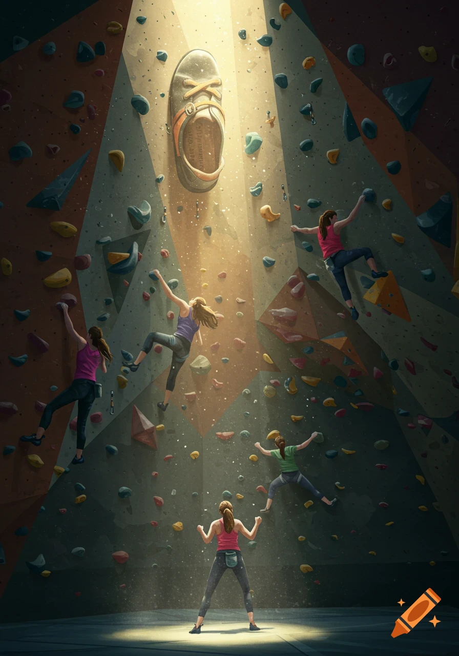Women bouldering on an indoor climbing wall, reaching towards a giant, illuminated shoe with a holy light effect.
