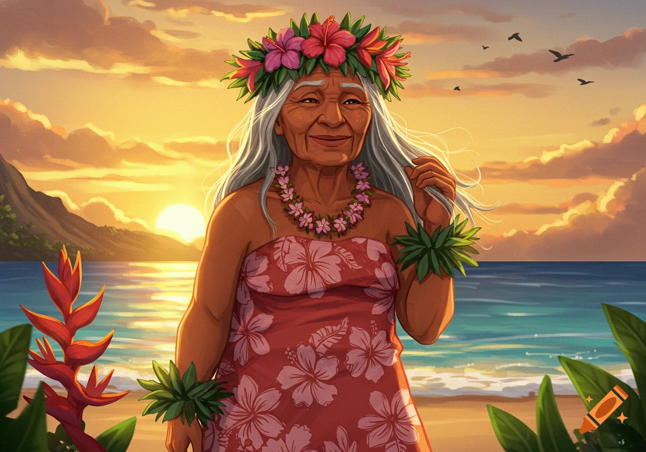 An animated old Polynesian woman with a flower crown and lei stands on a beach at sunset.