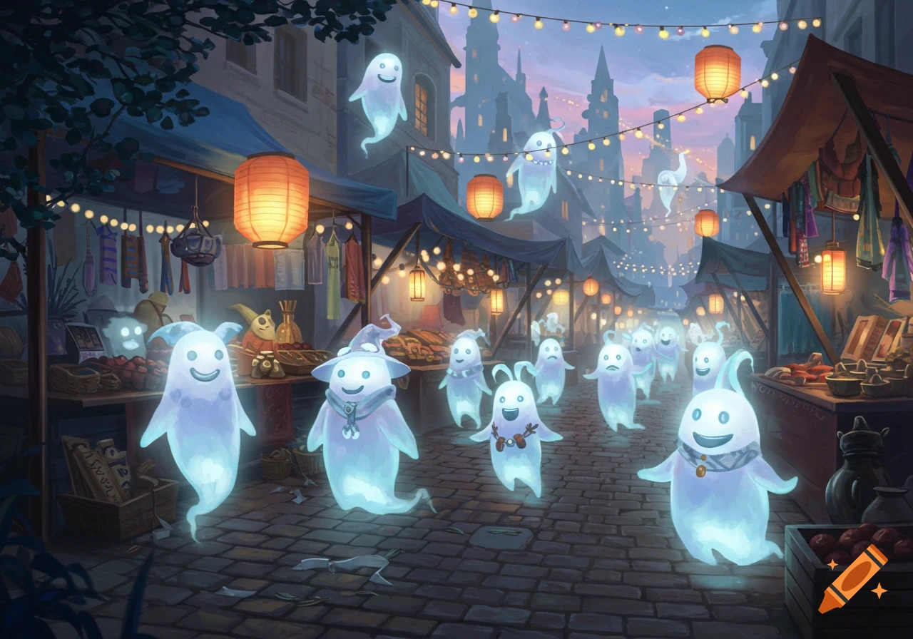 Cute glowing cartoon ghosts wander through a bustling twilight market with hanging lanterns, in an illustrated style.