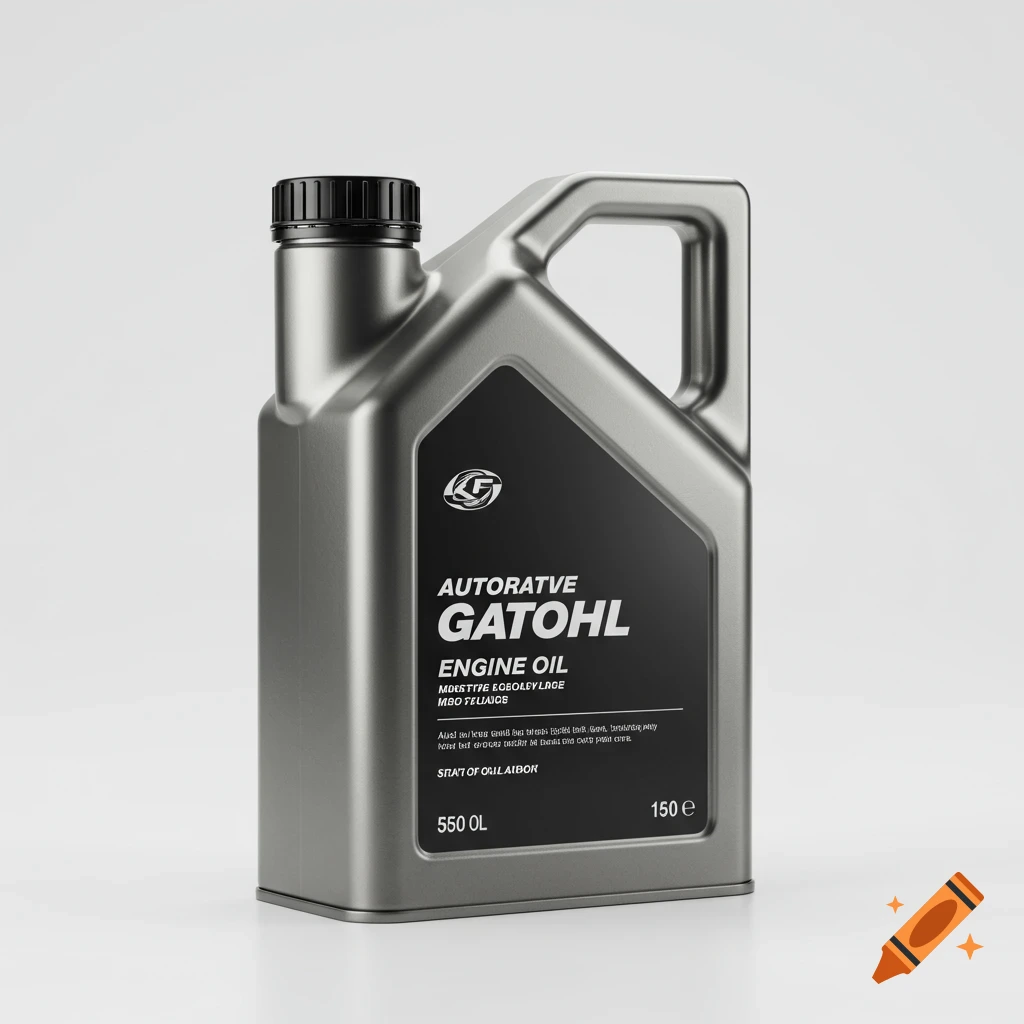 Photorealistic metallic gray engine oil can with a black label, on a clean white background.