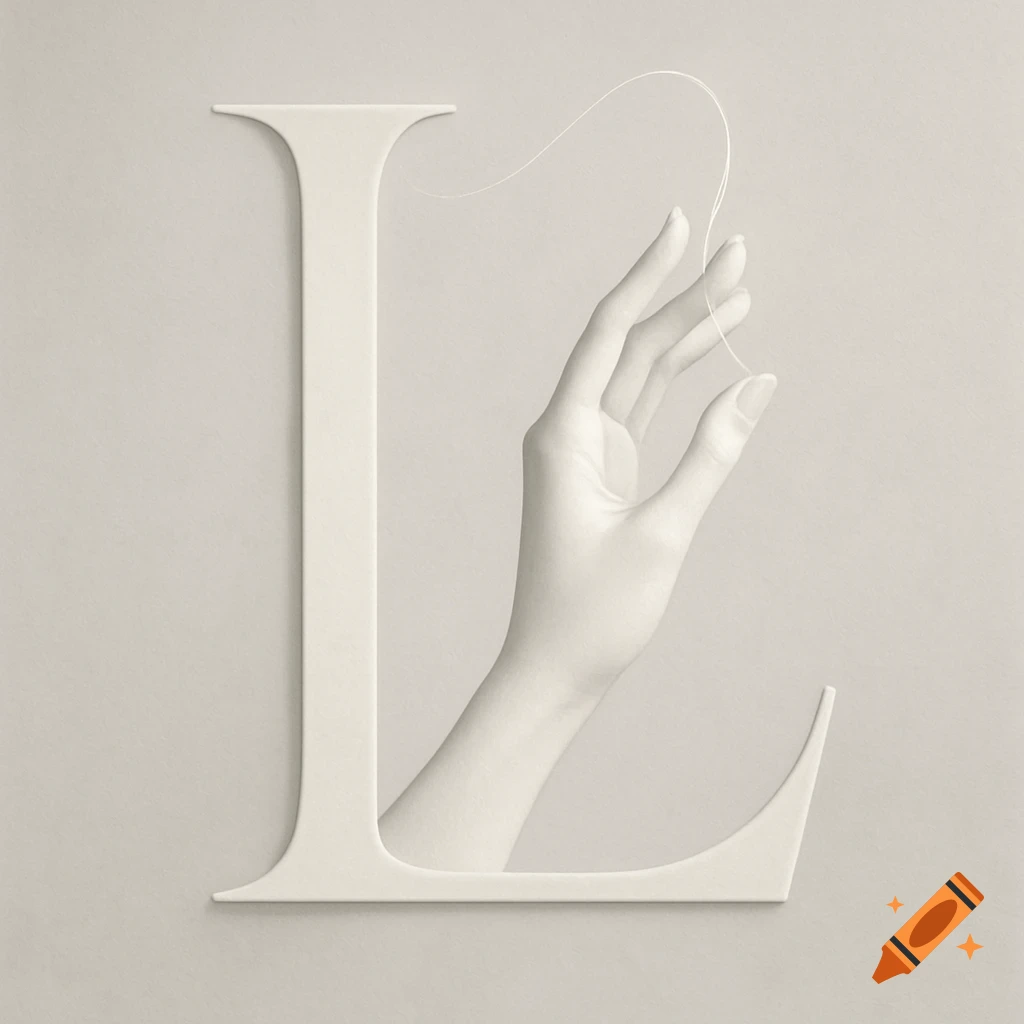A cream-colored, minimalist letter 'L' with a delicate hand reaching from its curve, holding a thin white thread.