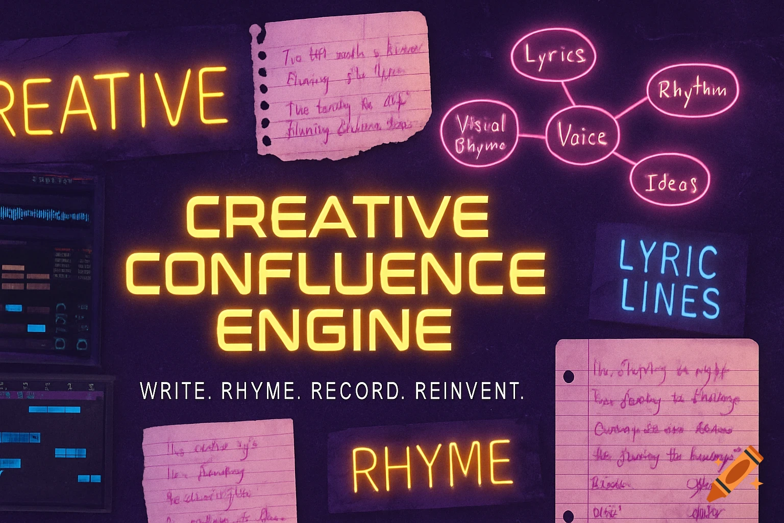 A creative studio moodboard with neon text "Creative Confluence Engine" and "Write. Rhyme. Record. Reinvent.", a thought map, and notepad scribbles on a dark background.