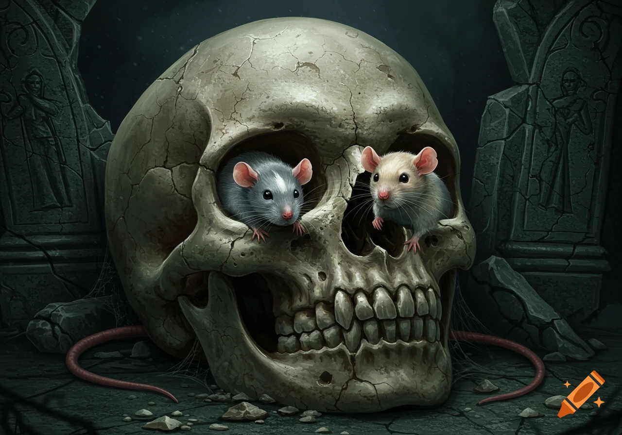 A cracked human skull with two cute rats peeking from its eye sockets, against a dark gothic background.