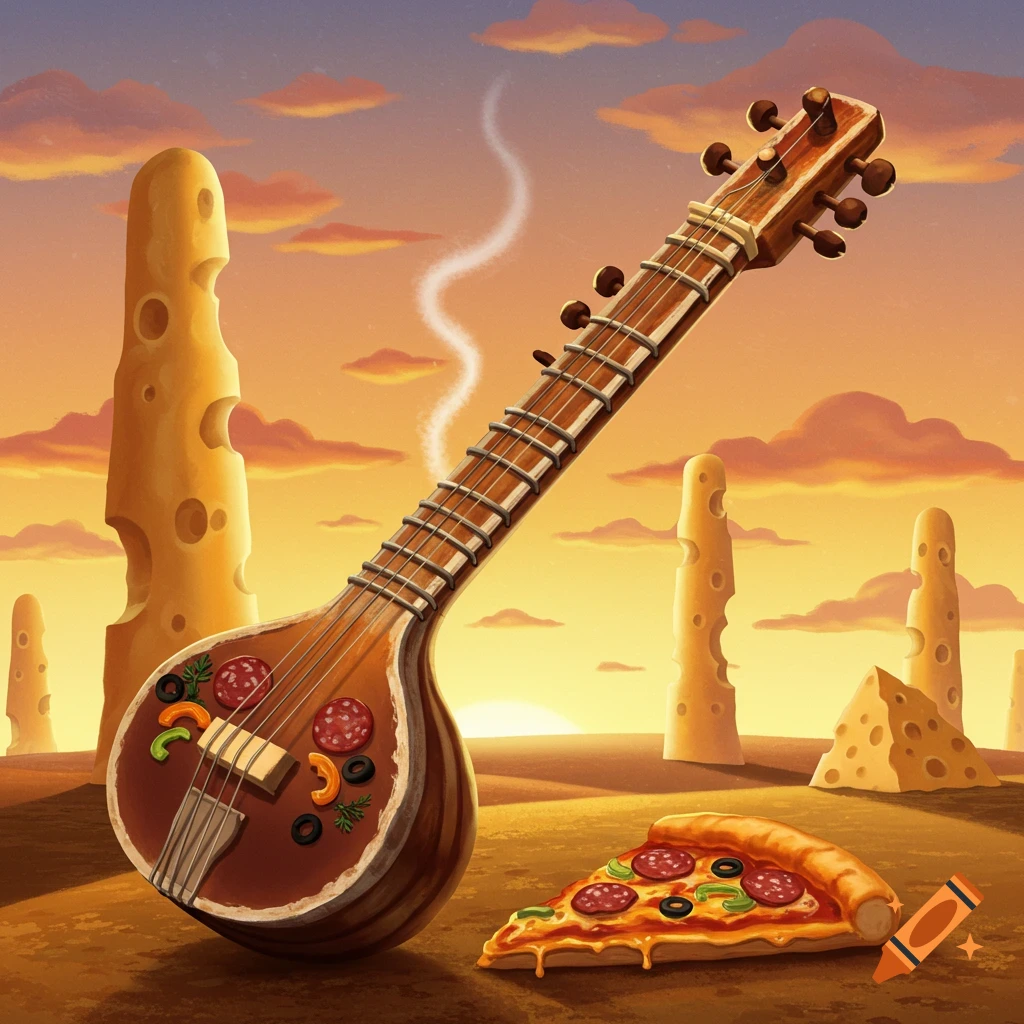 A whimsical illustration of a pizza-themed sitar in a surreal desert landscape with cheese rock formations and a slice of pizza at sunset.