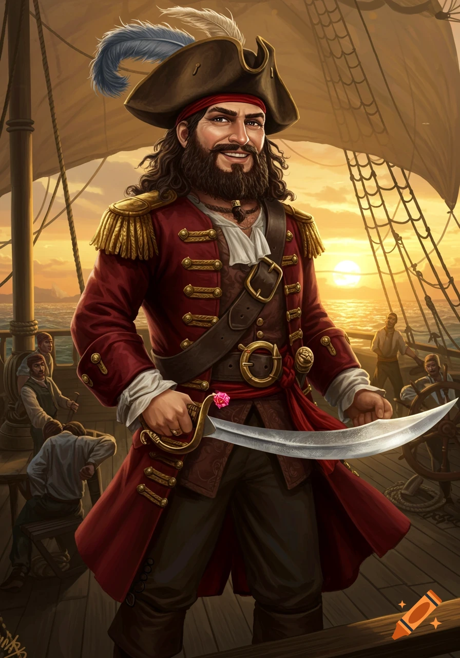 A smiling pirate captain with a beard and plumed hat stands on a ship deck at sunset, holding a saber.