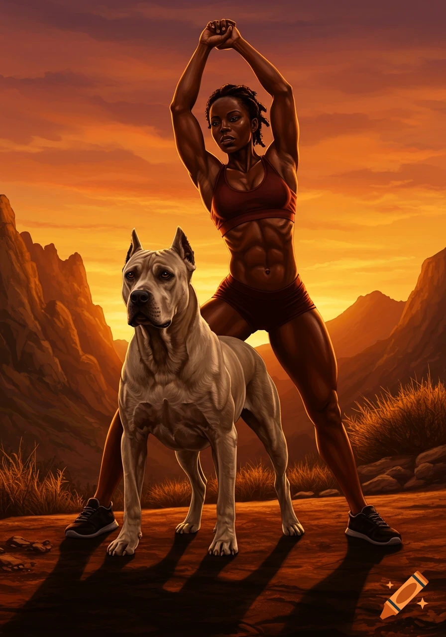 Muscular Black woman in athletic wear stretching with a Dogo Argentino dog in a mountainous sunset landscape, digital painting.