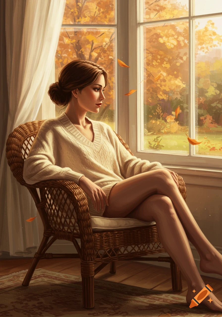 An illustrated woman with a low bun and sweater sits in a wicker chair, looking out a window at autumn trees.