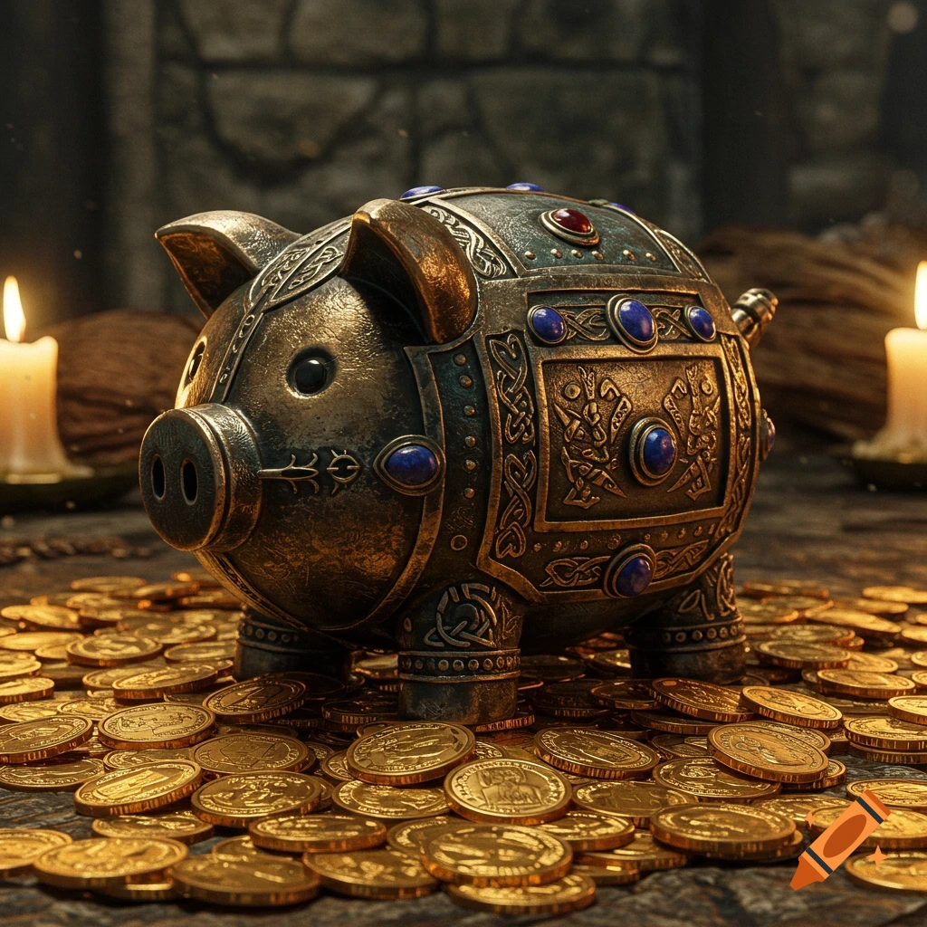 A medieval-looking, ornate piggy bank adorned with jewels sits on a pile of gold coins, lit by candlelight.
