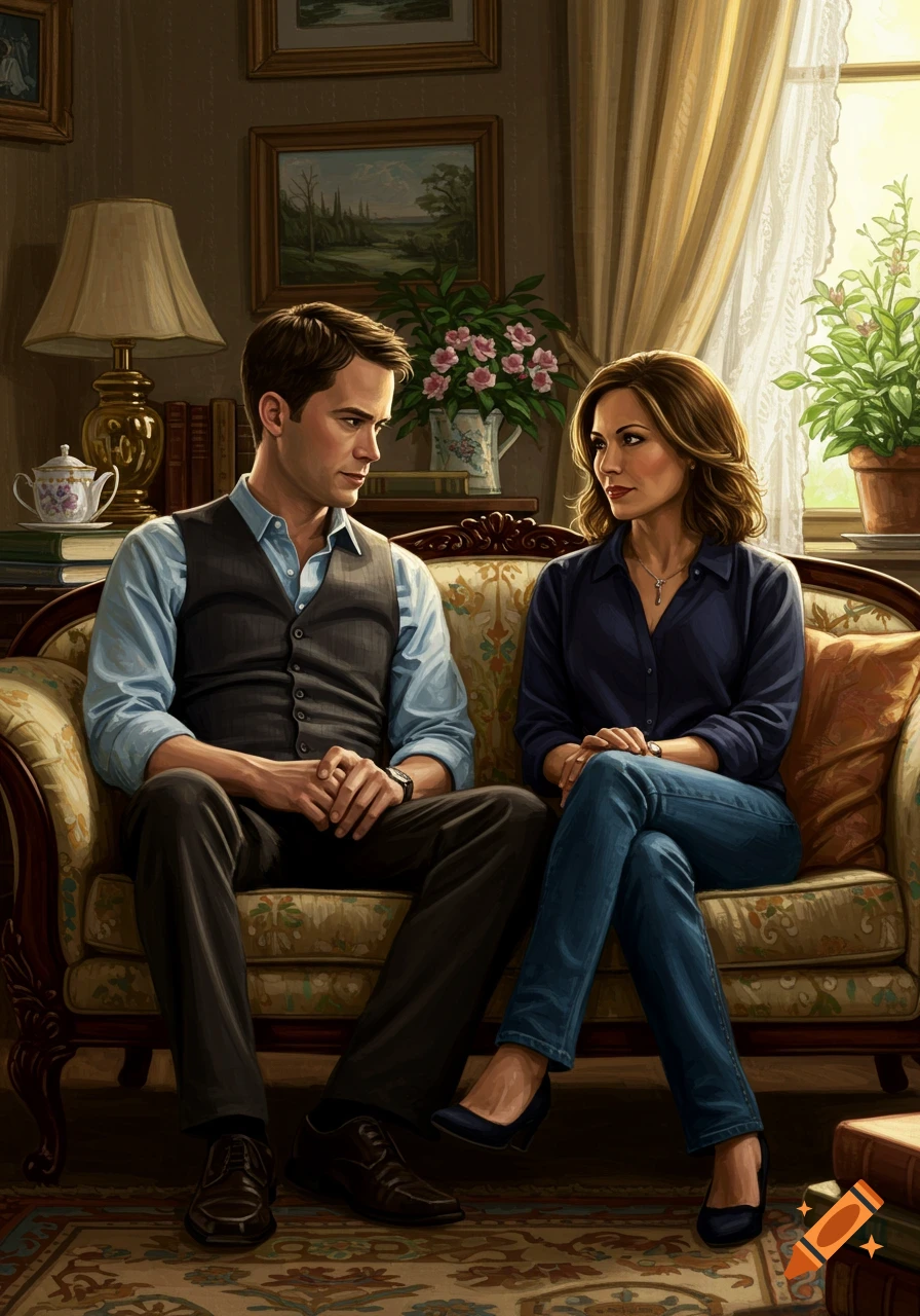 An illustrated man and woman sit on a patterned sofa in a cozy living room, looking at each other.
