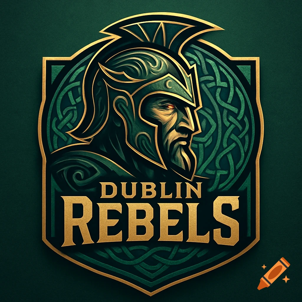 A stylized gold and green team logo featuring a warrior's profile head in a helmet with Celtic knots and the text 'DUBLIN REBELS'.