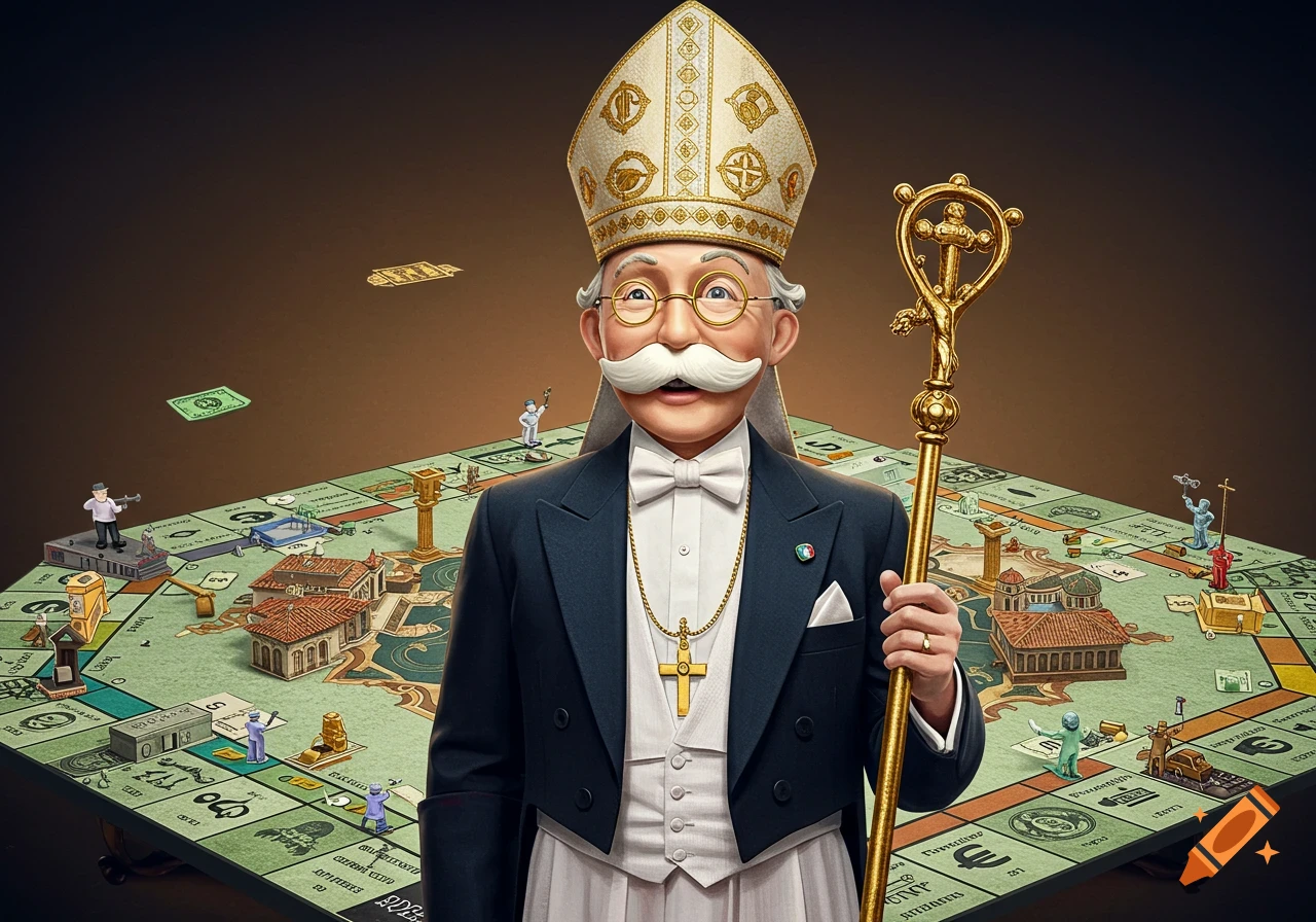 A distinguished man resembling the Monopoly Man, dressed as a Pope, stands in front of a Monopoly board with miniature buildings and figures.