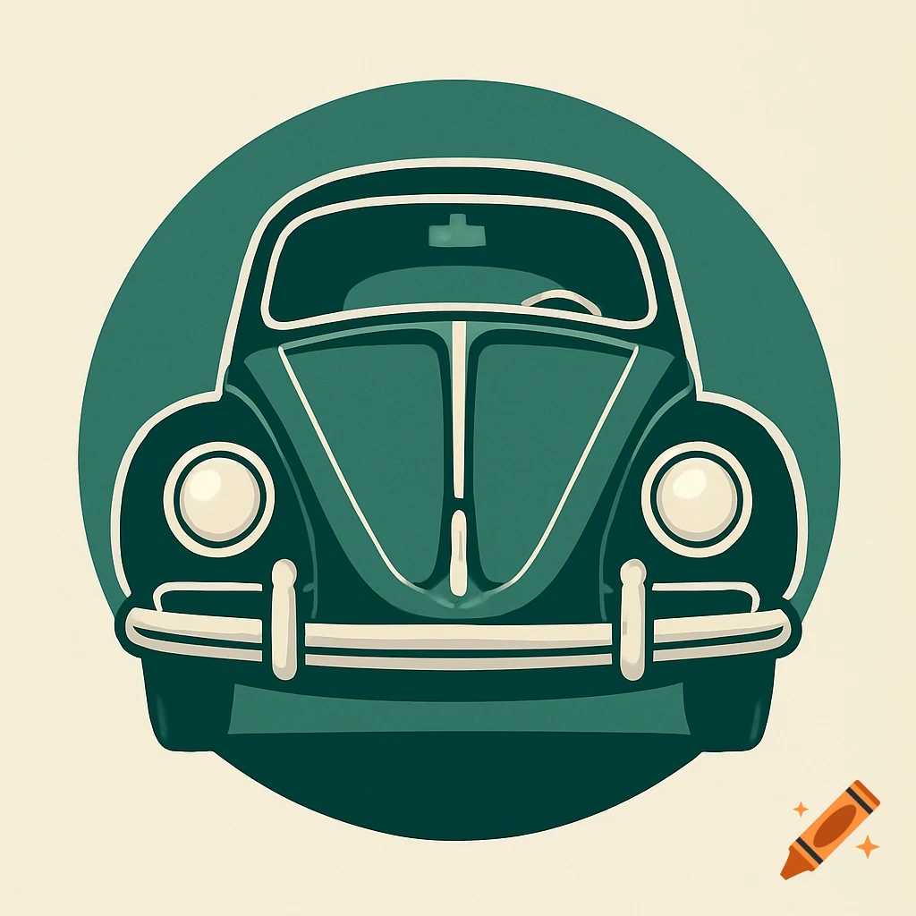 A stylized front view of a dark green Volkswagen Beetle car in a circular logo on a light background.