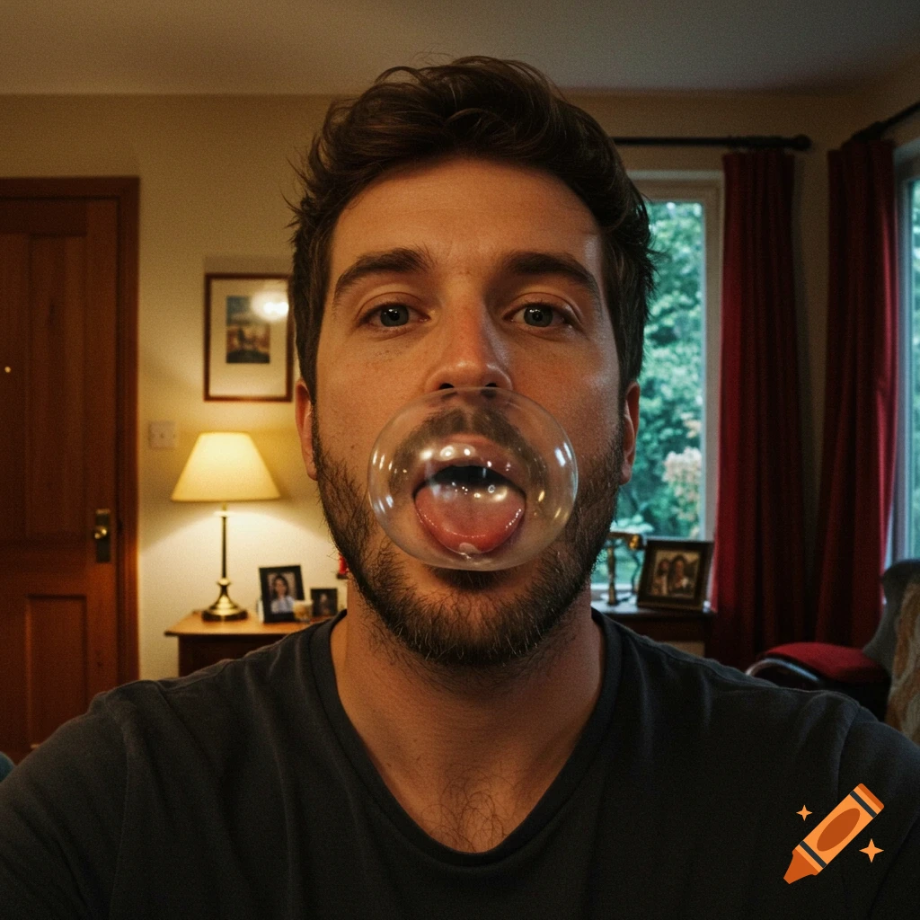 Close-up realistic photo of a bearded man with a clear spit bubble in his mouth, tongue visible.