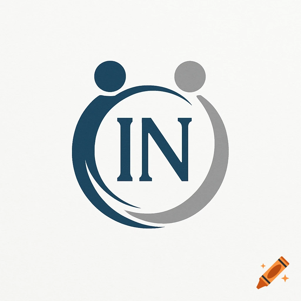 A logo with two stylized human figures in blue and grey embracing the dark blue letters "IN" on a white background.