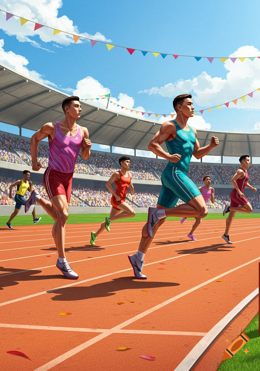 Illustrative image of male athletes competing in a track race on an outdoor stadium under a blue sky with festive flags overhead.