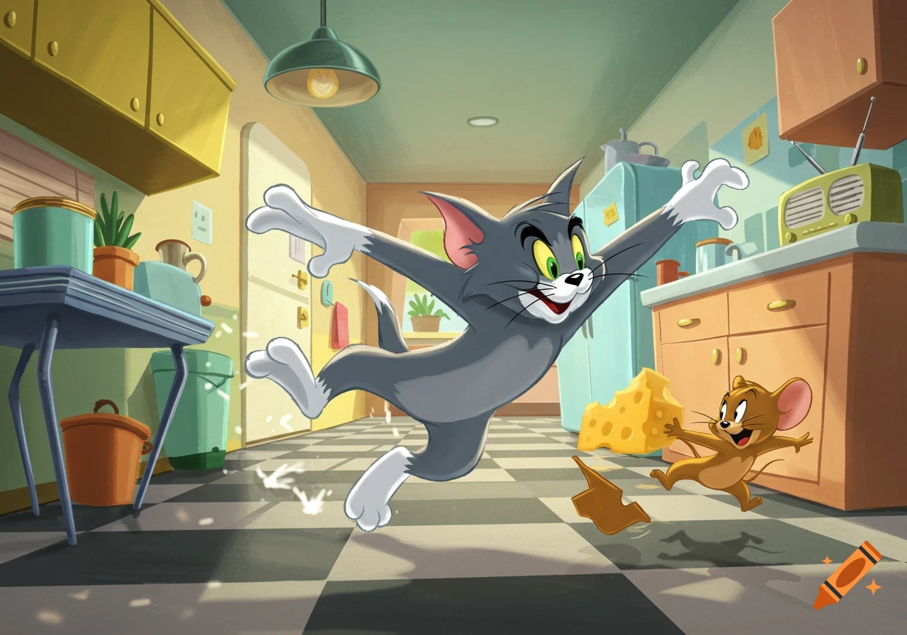 Tom the cat chases Jerry the mouse through a cartoon kitchen, Jerry carrying a piece of cheese, in a vibrant animated style.