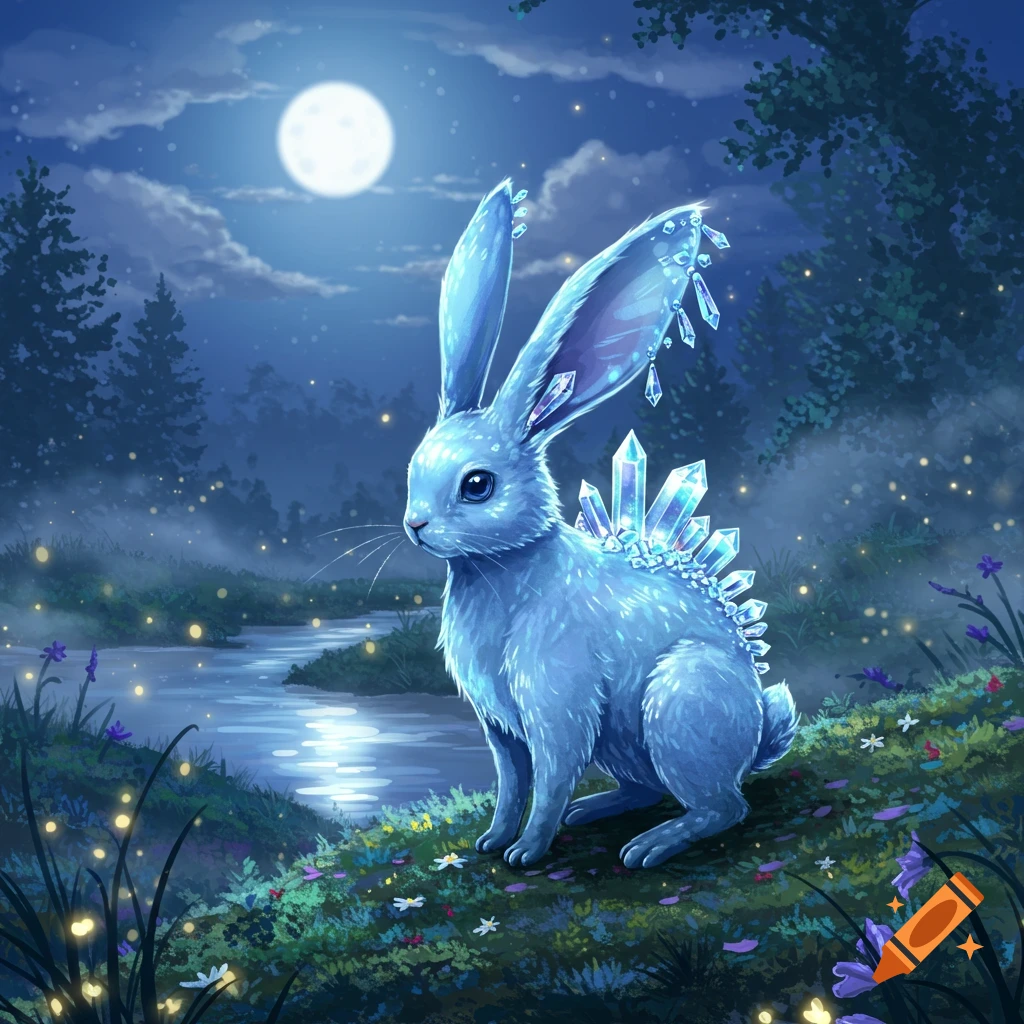 A fantasy blue bunny with glowing crystals on its back and ears sits in a moonlit magical forest by a river.