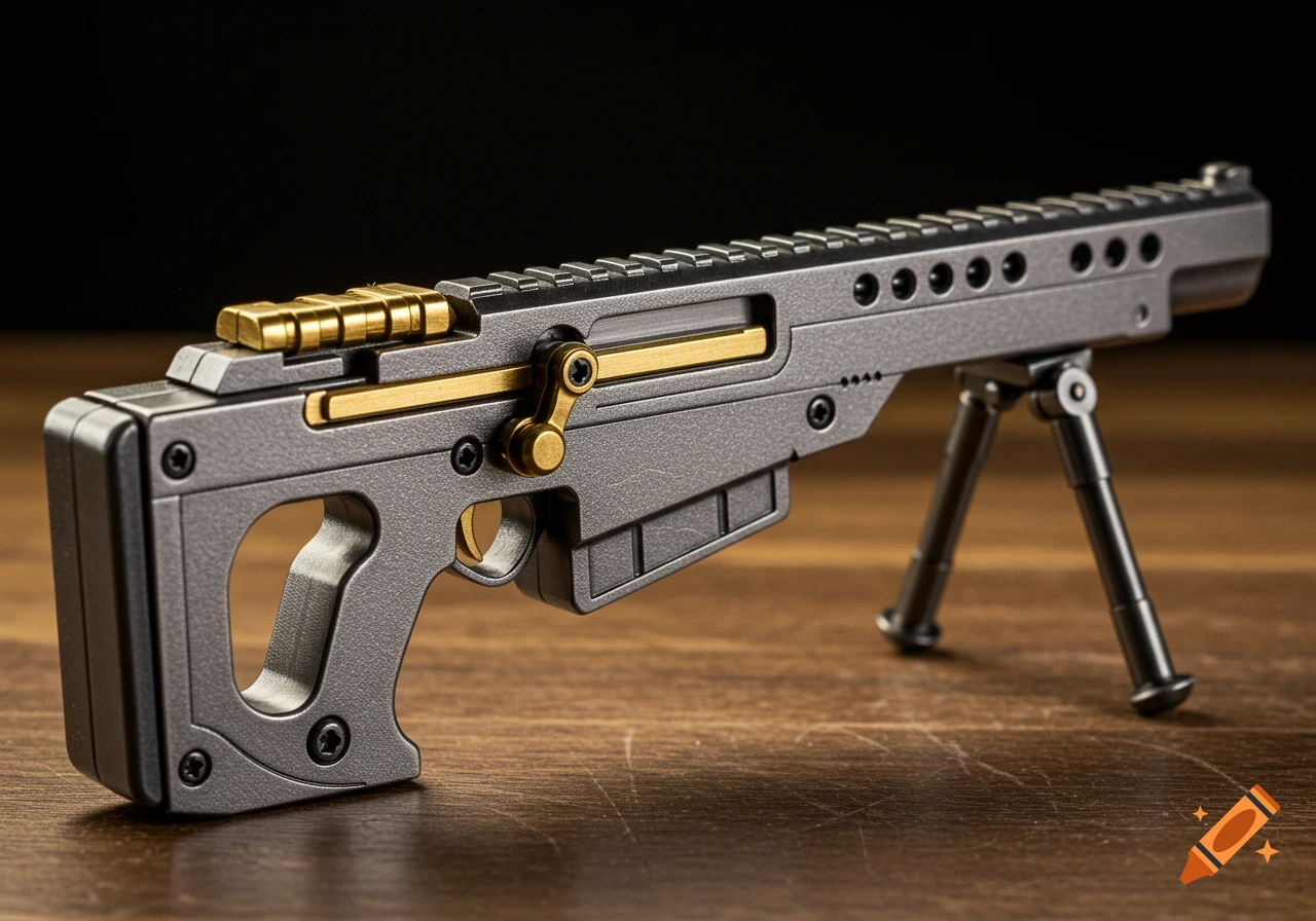 A palm-sized, gray and brass colored sniper-rifle inspired fidget toy sits on a wooden workbench, photographed in macro style.