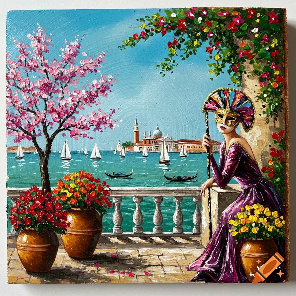 Vibrant palette knife painting of a woman in a colorful Venetian mask on a baroque terrace overlooking Venice, with a cherry blossom tree and flowers.