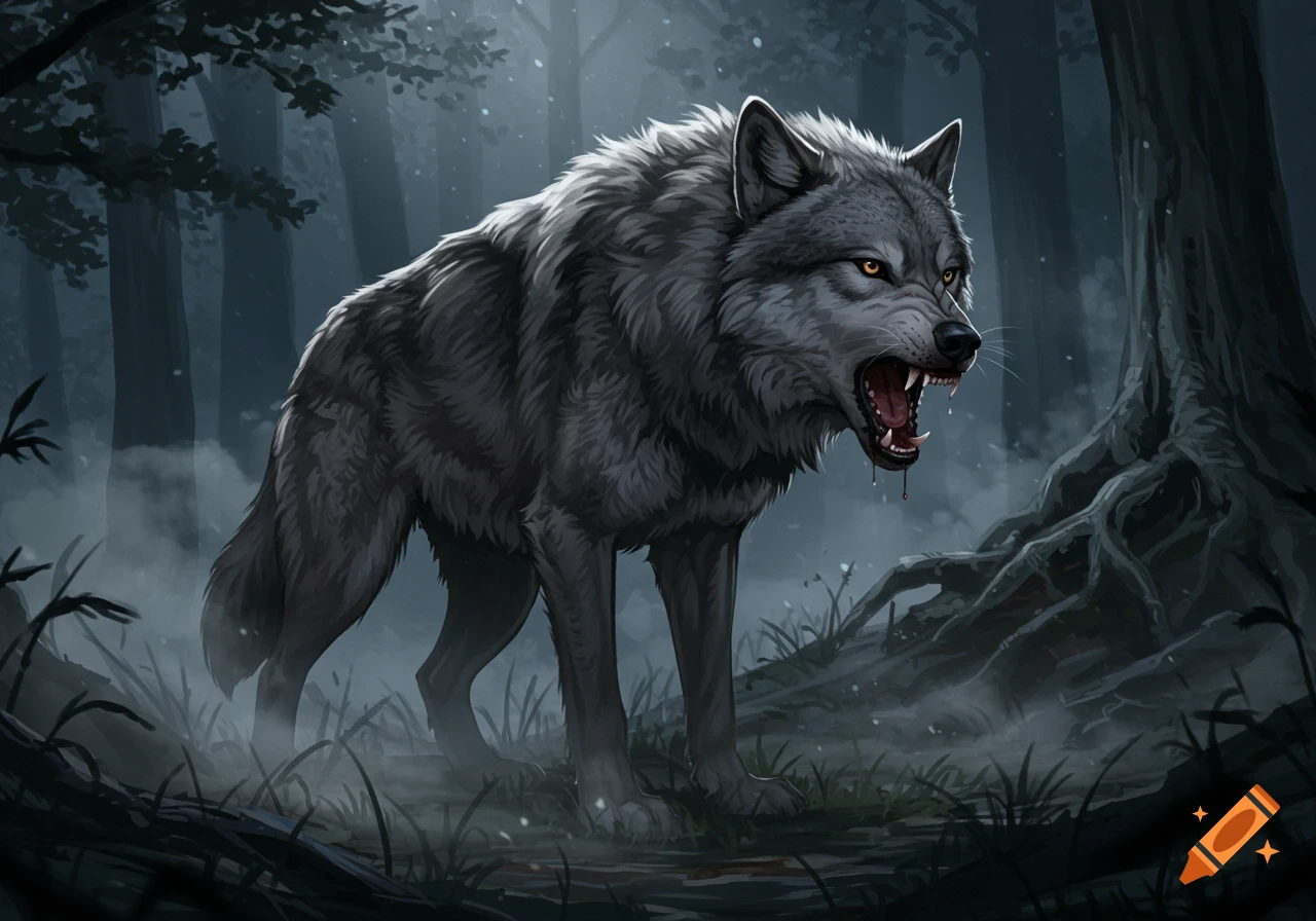 A snarling grey wolf with bared fangs and red liquid dripping from its mouth stands in a dark, misty forest.