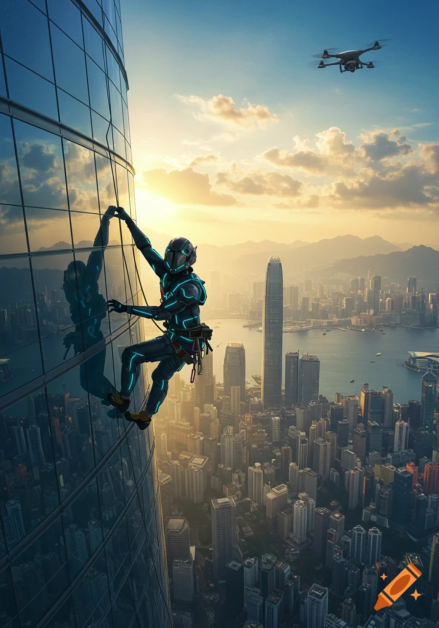 A person in a futuristic suit climbs a glass skyscraper, overlooking a sprawling cityscape at sunset, with a drone flying overhead.