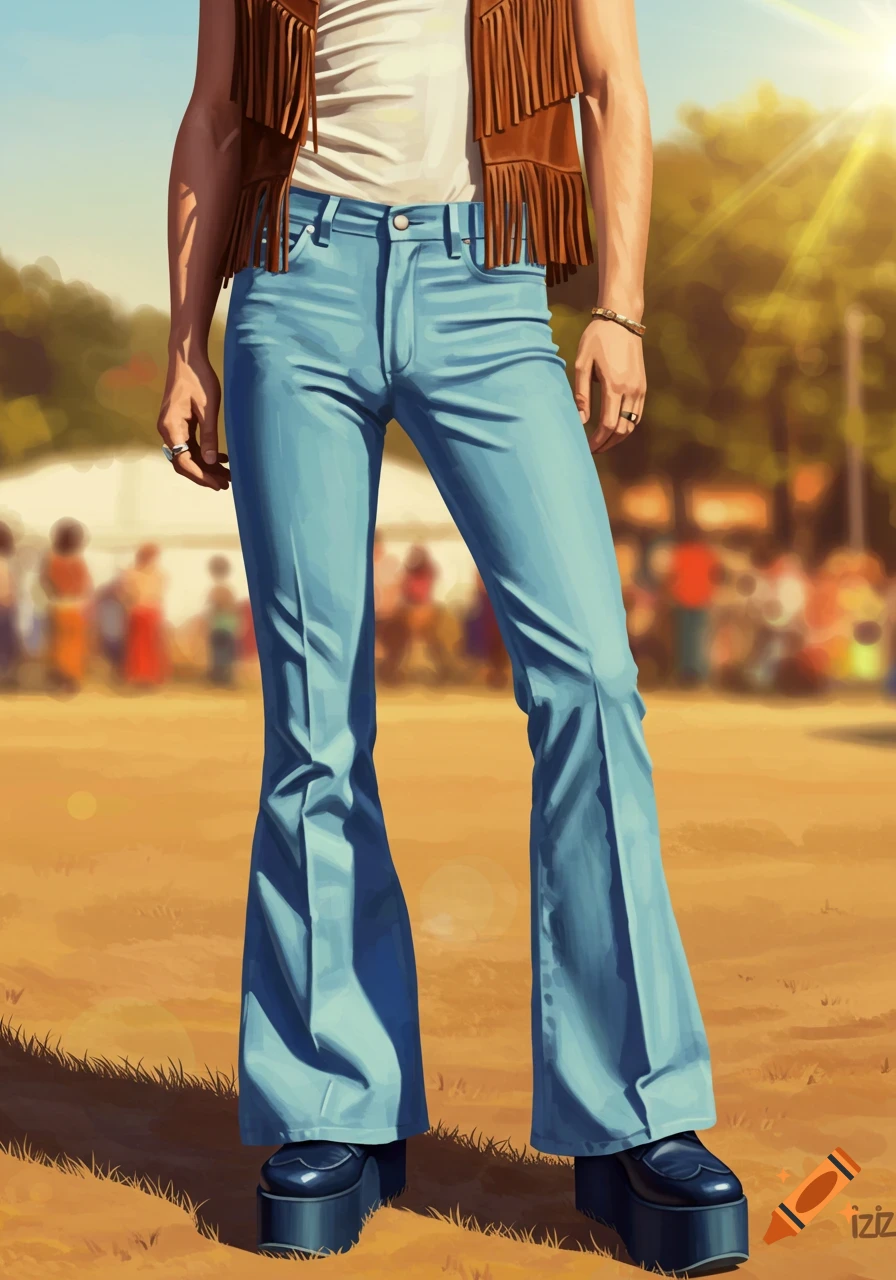 Person in pale blue bell-bottoms, a fringed brown vest, and navy platform shoes stands outside in a sunny, stylized illustration.