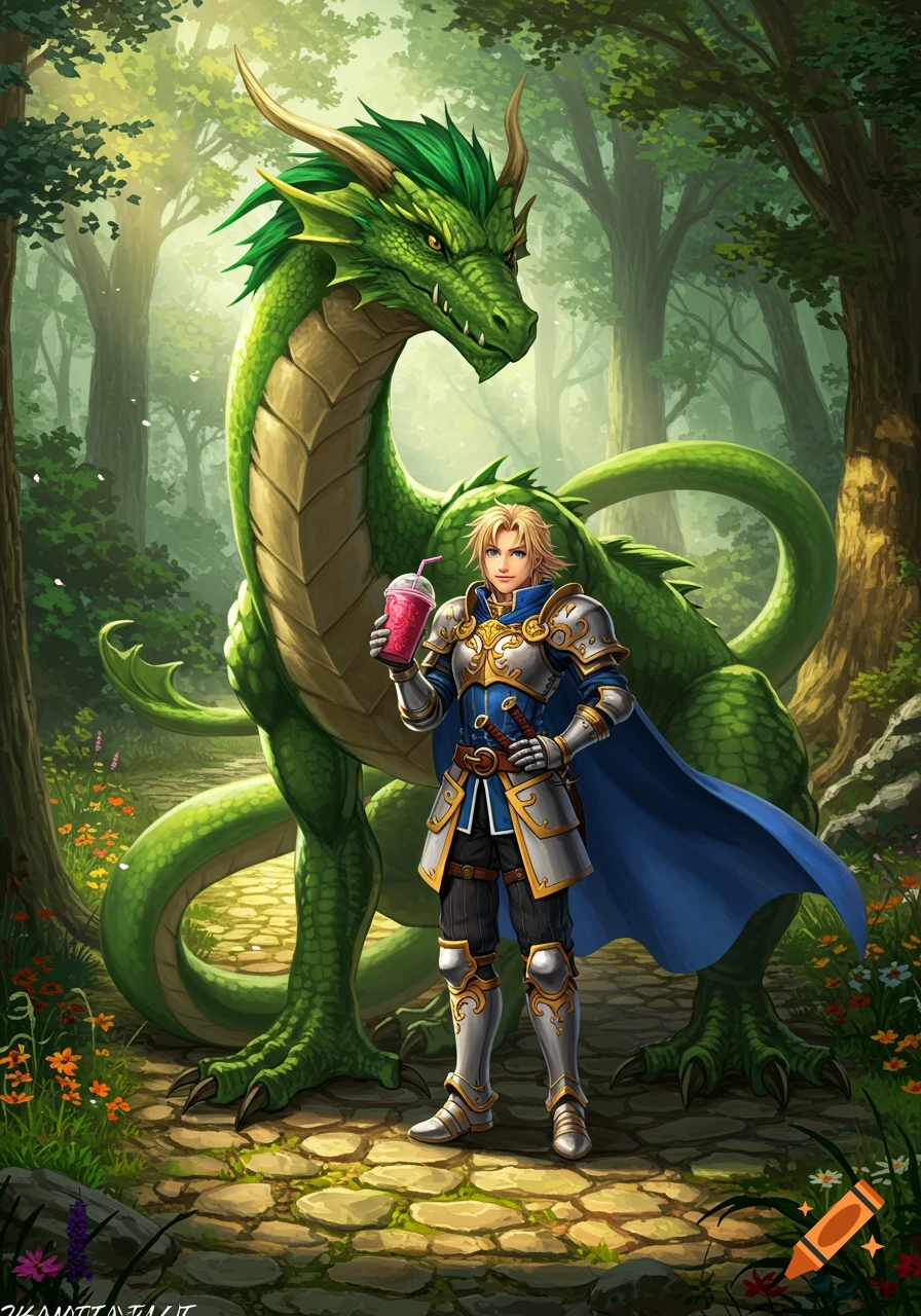 An illustration of a knight-like man holding a pink smoothie, standing next to a large green dragon on a stone path in a sunlit forest.