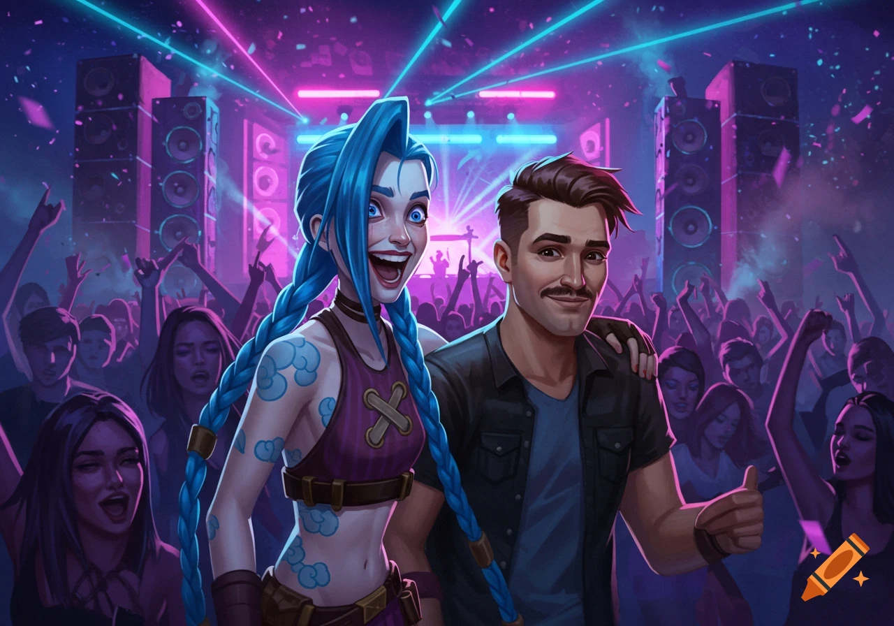 Jinx and a man with a mustache pose smiling at a vibrant concert, surrounded by a cheering crowd under neon lights, in a digital art style.